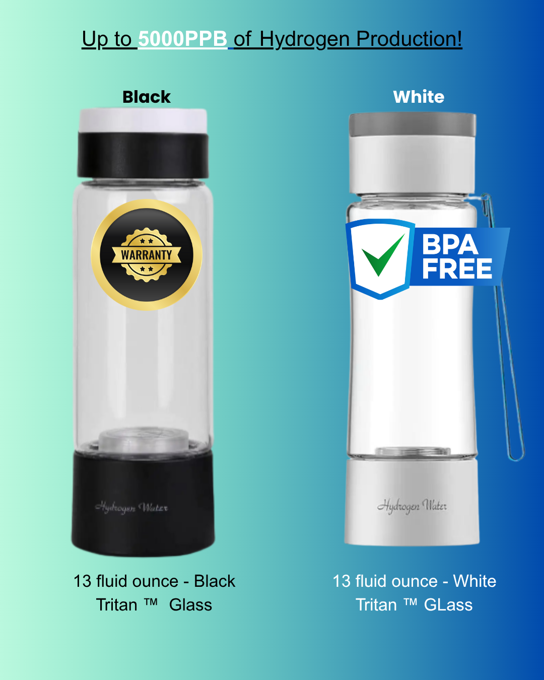 POWERFUL - Alkaline -  Ionic Hydrogen Water Bottle - Up To 5000PPB!
